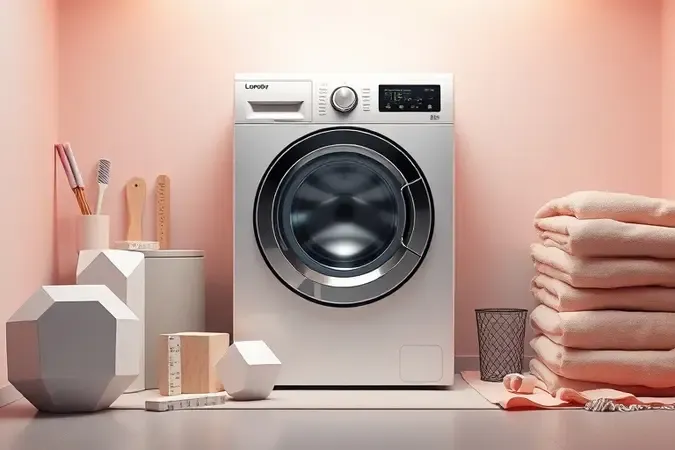 Visualização conceitual 3D de elementos de planejamento e lavanderia moderna para escolha de eletrodomésticos.