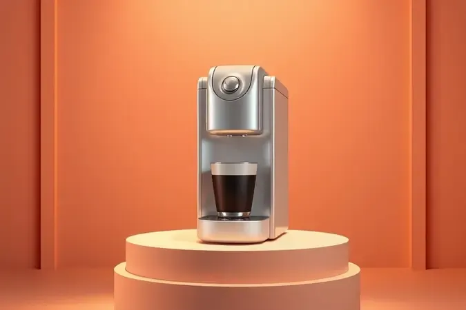 Visualização conceitual em 3D dos componentes essenciais de uma cafeteira de cápsulas moderna.