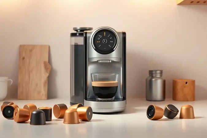 Render 3D de bancada de cozinha com cafeteira de cápsulas, cápsulas e xícara de café em composição minimalista