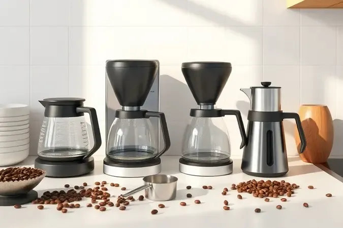 Render 3D de componentes de cafeteira elétrica com jarras, filtro e grãos em bancada moderna