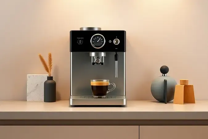 Render 3D conceitual de cafeteira multicápsula moderna com xícara de café e elementos geométricos em bancada minimalista.