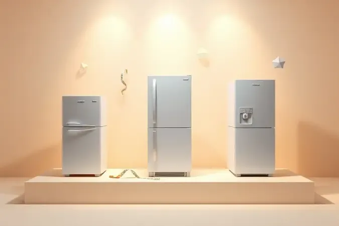 Renderização 3D conceitual mostrando diferentes formatos de geladeira para auxiliar na escolha do modelo ideal.
