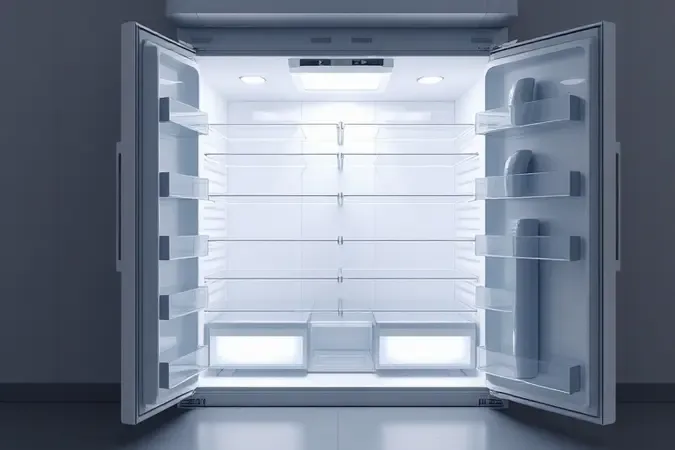 Visualização 3D do interior organizado de uma geladeira moderna com prateleiras e iluminação suave.