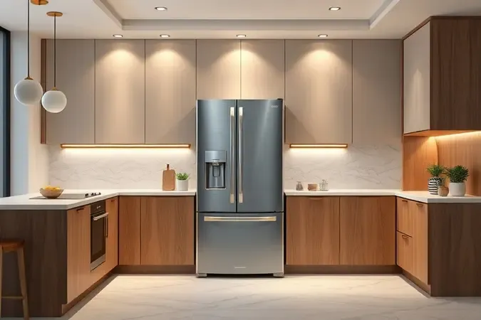 Renderização 3D de geladeira de aço escovado em cozinha moderna e minimalista para auxiliar na escolha do modelo ideal.