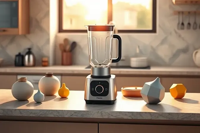 Representação conceitual 3D de elementos de um liquidificador moderno em bancada minimalista.