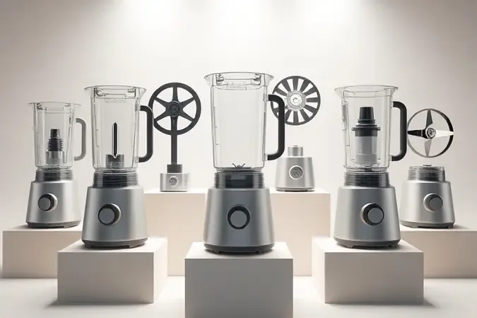 Ilustração 3D conceitual de peças e bases de liquidificador blender moderno sobre pedestais neutros.