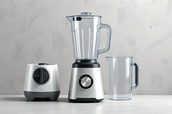 Representação conceitual 3D dos componentes e base de um liquidificador potente em cenário contemporâneo.