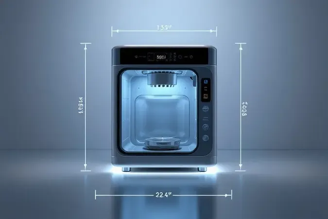 Ilustração 3D conceitual destacando as dimensões e capacidade de um micro-ondas compacto em ambiente moderno.
