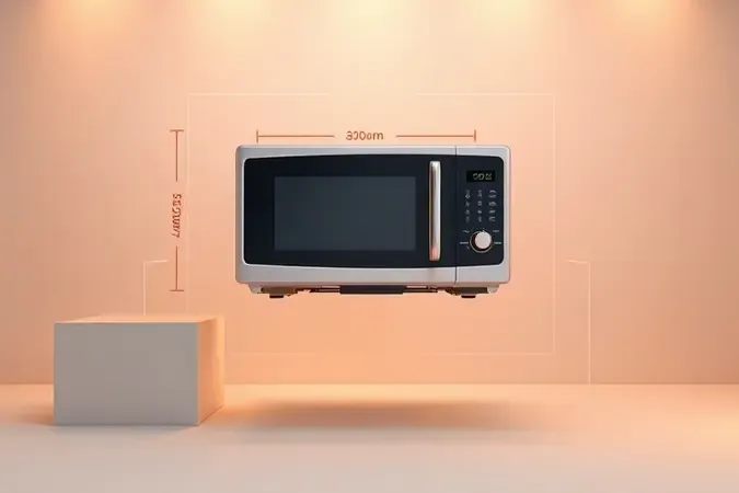 Ilustração 3D conceitual destacando um forno micro-ondas compacto com detalhes de painel e proporções ideais para cozinha.