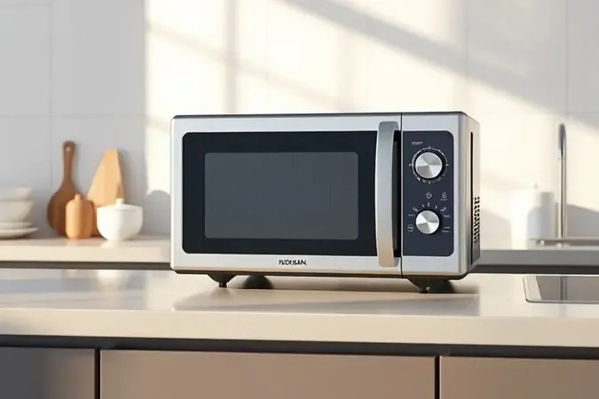 Render 3D conceitual de um forno micro-ondas moderno em uma bancada de cozinha minimalista.