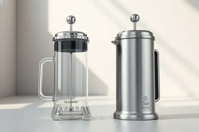 Modelos conceituais 3D de prensa francesa em vidro e aço inox para comparação de materiais.