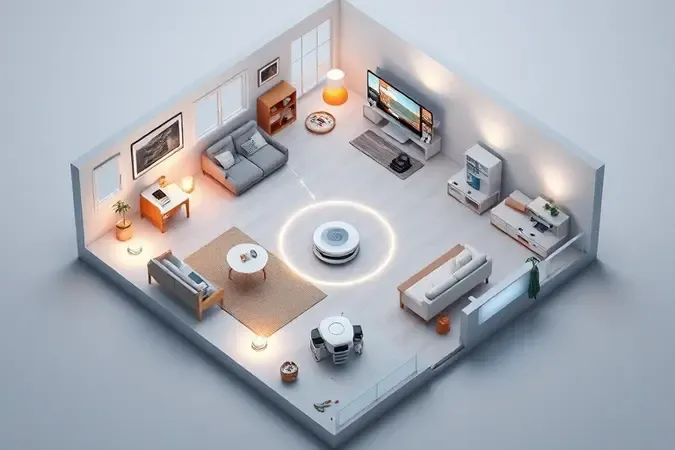 Planta baixa conceitual em 3D de apartamento moderno ilustrando rotas de limpeza para robô aspirador.