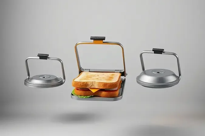 Renderização 3D conceitual comparando diferentes modelos de sanduicheira para auxiliar na escolha ideal