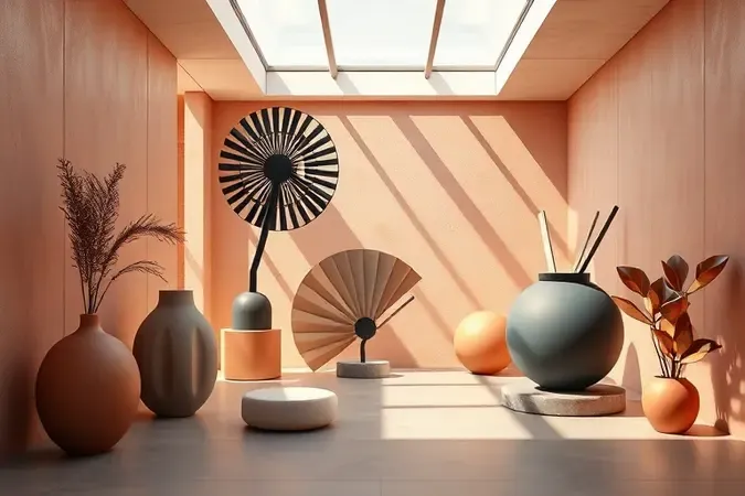 Render 3D conceitual de diferentes tipos de ventiladores modernos em um ambiente minimalista e sofisticado.