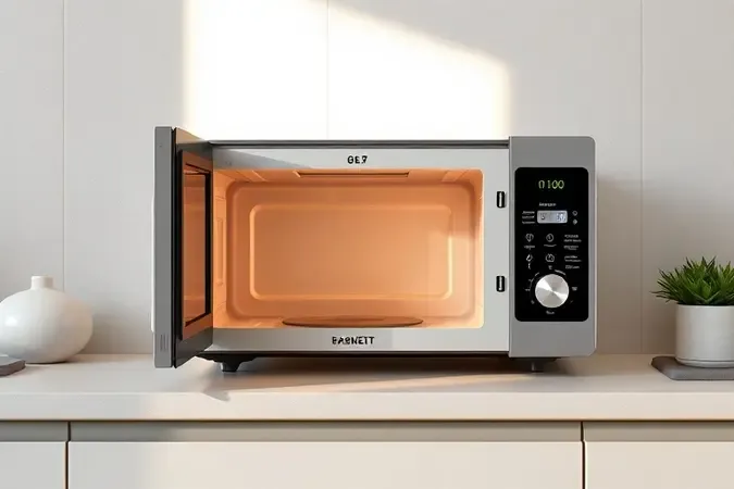 Renderização 3D de micro-ondas moderno sem marca em bancada de cozinha com porta aberta e iluminação suave.