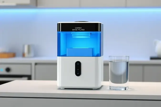 Render 3D de purificador compacto com painel de vidro e copo de água