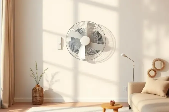 Render 3D de ventilador de parede moderno sem marca em ambiente doméstico clean com iluminação suave