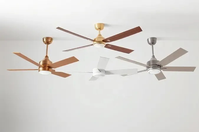 Comparação conceitual de modelos de ventilador de teto em render 3D minimalista.