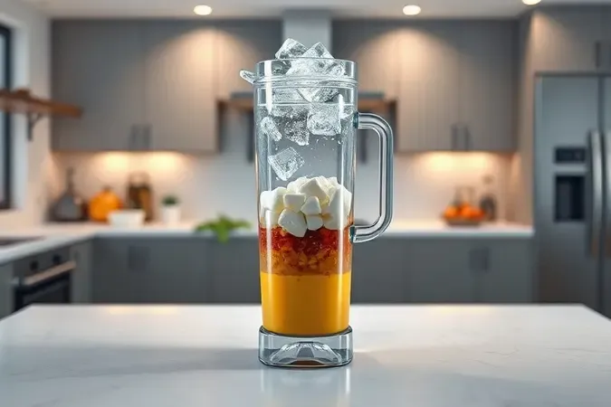 Renderização 3D de jarra de liquidificador com ingredientes dispostos de forma correta e equilibrada.