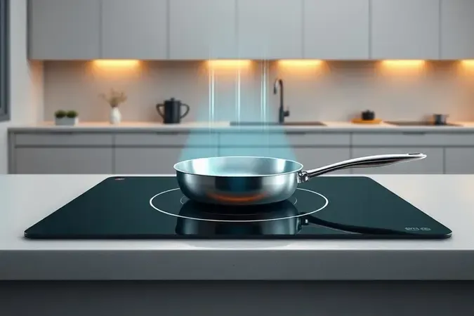 Render 3D conceitual do funcionamento de cooktop por indução com campo magnético ilustrado e panela compatível sem marca.