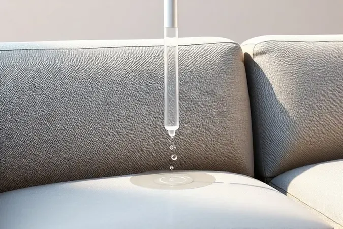 Render 3D conceitual de bocal transparente de sucção higienizando tecido de estofado com microgotas de água purificada.