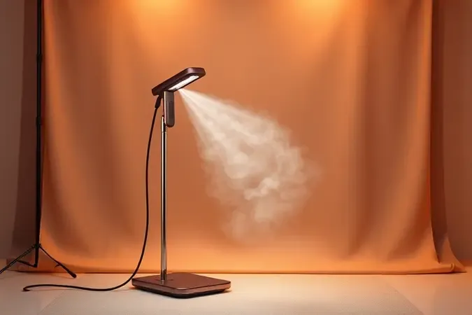 Ilustração 3D conceitual de vaporizador vertical liberando névoa de vapor contínuo sobre tecido.
