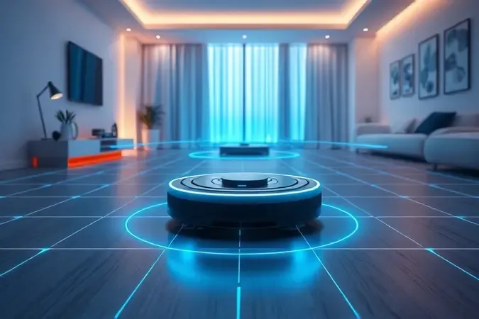 Visualização 3D conceitual de tecnologia de mapeamento a laser inteligente e navegação espacial de robô aspirador.