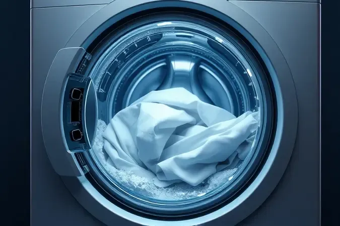 Render 3D conceitual de tambor de lavadora com água e roupas sem marca mostrando funcionamento interno.