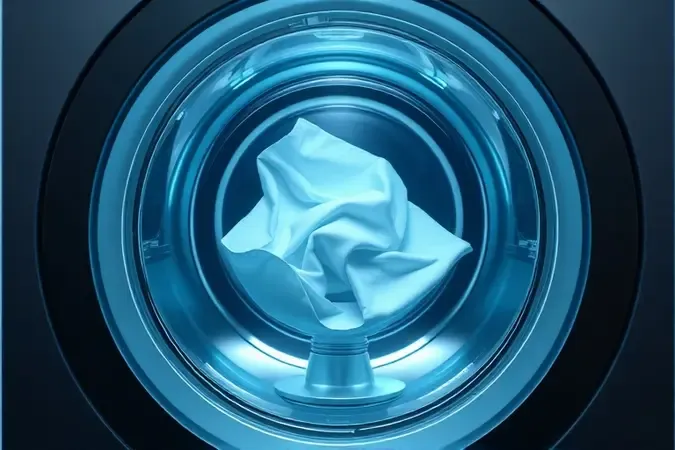Ilustração 3D conceitual do funcionamento interno do cesto de uma lavadora com sistema impeller e fluxo de água.