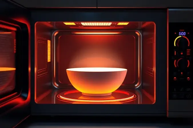 Visualização conceitual em 3D de ondas térmicas e energia dentro da câmara de um micro-ondas.