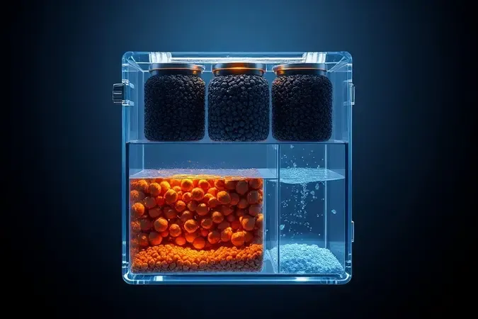 Ilustração 3D conceitual mostrando as etapas de filtragem e ionização de um purificador de água alcalina.