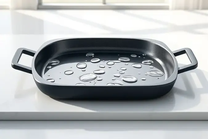 Representação 3D minimalista de cesto antiaderente limpo com gotas de água cristalina.