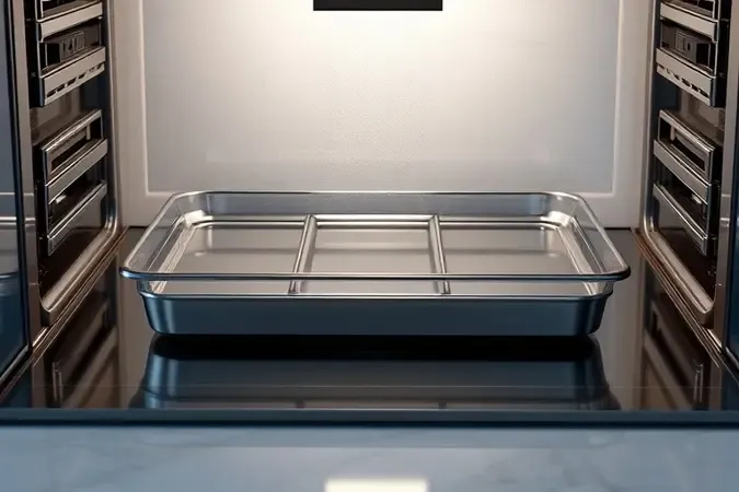 Representação 3D limpa e brilhante das peças removíveis e cesto higienizado de fritadeira elétrica.