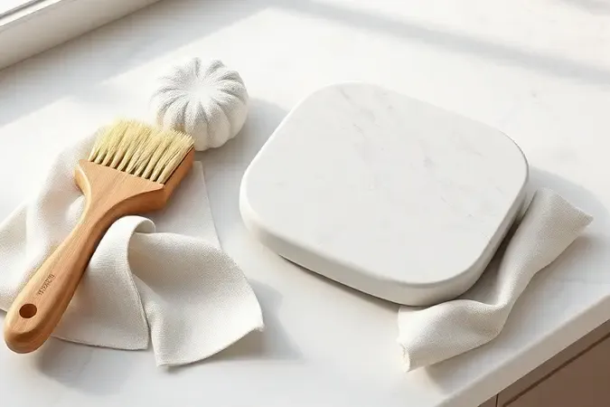 Composição conceitual 3D com escova e panos de microfibra para higienização e manutenção de pedra refratária de forno.