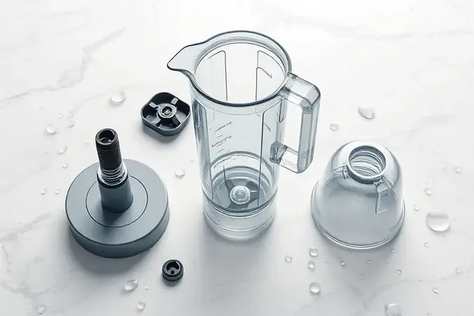 Representação 3D de peças desmontadas de liquidificador higienizadas com gotas de água pura.
