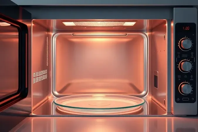 Visualização 3D de um interior de micro-ondas perfeitamente limpo e higienizado com acabamento reluzente.