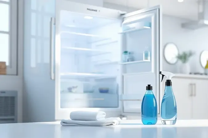 Render 3D de geladeira aberta com itens de limpeza em cozinha clean para manutenção.