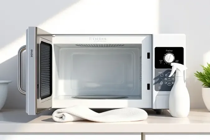 Micro-ondas limpo com porta aberta e pano de microfibra sobre bancada clara