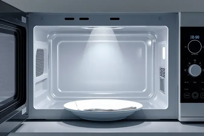 Renderização 3D de interior de micro-ondas limpo com vapor suave e pano de microfibra.