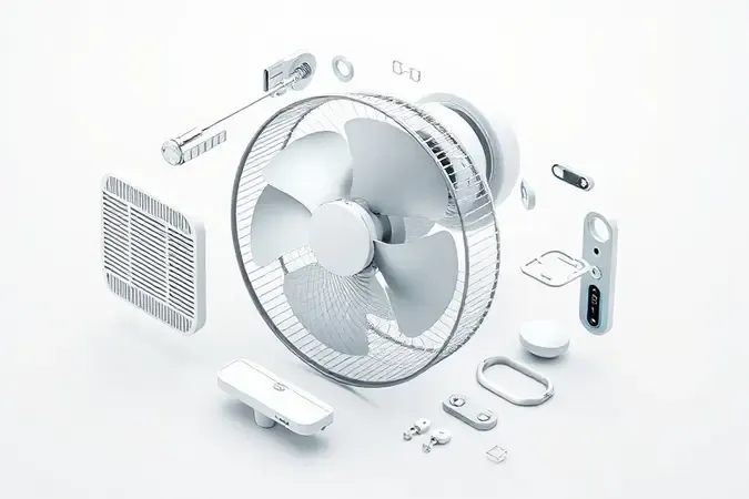 Representação conceitual 3D de peças desmontadas de ventilador de parede para higienização e manutenção.