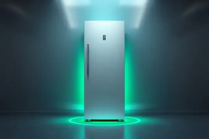 Conceito 3D ilustrando eficiência energética e baixo consumo em geladeira moderna.