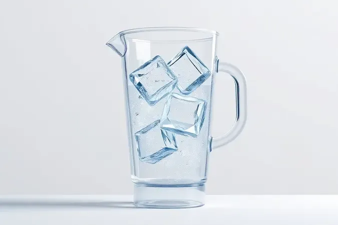 Renderização 3D de cubos de gelo sendo triturados uniformemente com água em jarra transparente.