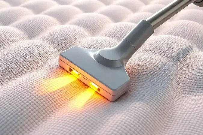 Ilustração 3D de higienização e aspiração profunda em tecido de colchão para remoção de ácaros.