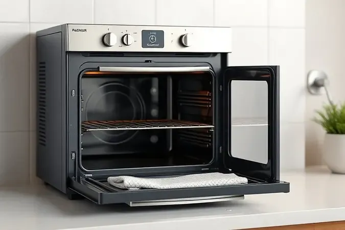 Cuidados e limpeza de forno elétrico sem marca em render 3D com pano macio e superfícies limpas