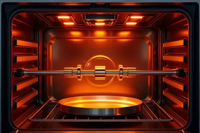 Ilustração 3D conceitual de espeto giratório em funcionamento dentro de forno elétrico com ondas de calor uniforme.