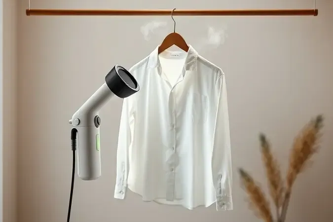 Demonstração conceitual do uso de vaporizador vertical em camisa de linho no cabide.