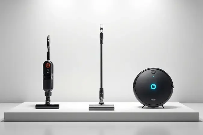 Comparação conceitual entre aspirador portátil, vertical e robô em renderização 3D minimalista lado a lado.