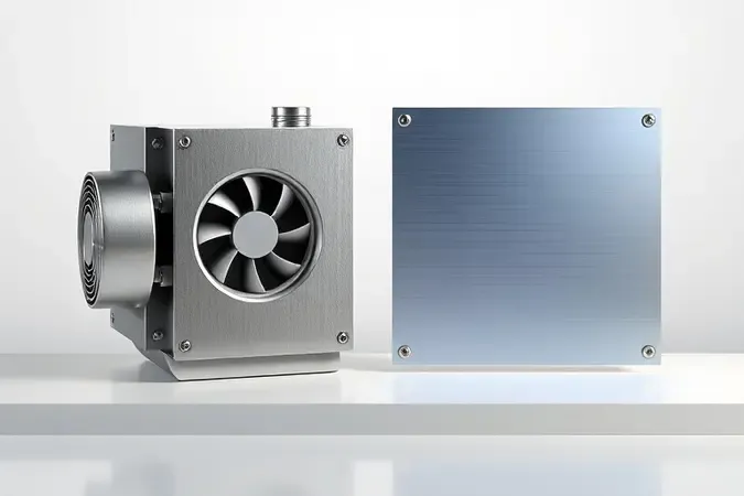 Render 3D comparativo entre tecnologias de refrigeração por compressor e placa eletrônica em composição minimalista.