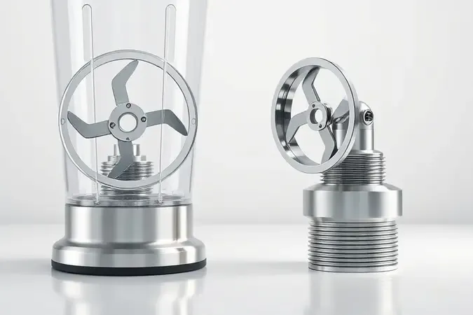Render 3D comparando sistemas de lâminas de liquidificador fixas e removíveis com acabamento em aço inoxidável.