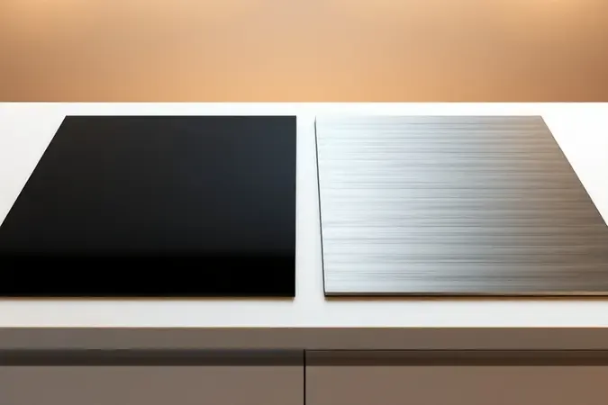 Comparação conceitual entre mesa de fogão de vidro temperado e mesa de inox escovado lado a lado em render 3D